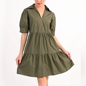 Lili Sidonio Olive Green Poplin Tiered Collared V-Neck Dress Women’s Size Small